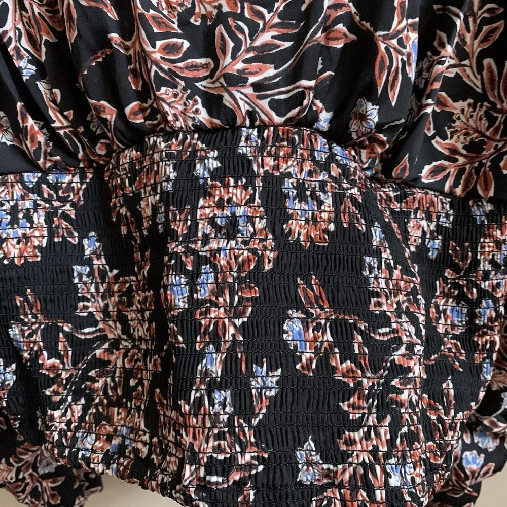 Free People Santiago Top S Floral Cropped Shirt Blouse SmockedRuched Sleeve SZ-M